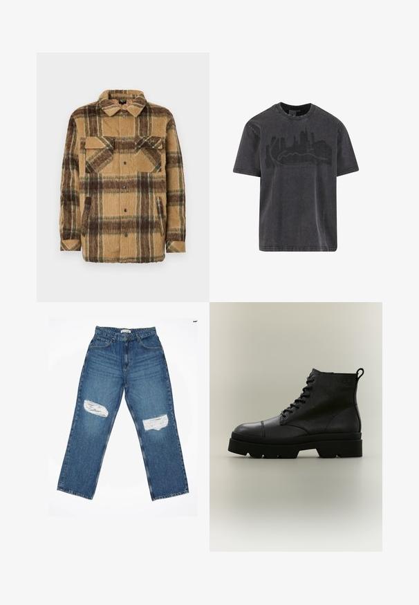 Sean John SCRIPT LOGO OVERSHIRT - Ελαφρύ μπουφάν - brown/dark brown; Μαύρο βαμβακερό μπλουζάκι με στρογγυλή λαιμόκοψη, κοντά μανίκια, με μια γραφική εικόνα πόλης σε σκισμένο στυλ σε σκούρο γκρι στο στήθος.; Ανοιχτό μπλε τζιν παντελόνι με ίσια γραμμή, που διαθέτει δύο φθαρμένες τσέπες στο γόνατο και κλασικό σχέδιο πέντε τσεπών.; Μαύρο δερμάτινο μποτάκι με υφή, κορδόνια, παχιά σόλα και θηλιά στο πίσω μέρος, εμφανίζεται σε πλάγια όψη σε ουδέτερο φόντο.