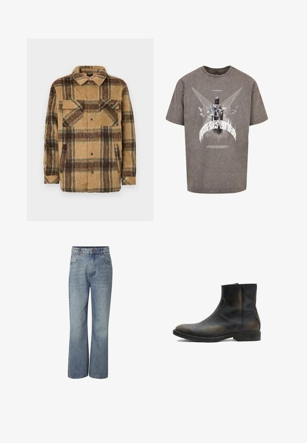 Sean John SCRIPT LOGO OVERSHIRT - Ľahká bunda - brown/dark brown; Sivá oversized tričko vyrobené z bavlny, s grafickým potlačou krídlaté sochy a štýlizovaným textom vpredu.; Modré rifle s vysokým pásom, širokými nohavicami, zapínaním na gombíky vpredu, pútkami na opasok a vreckami vpredu aj vzadu.; AllSaints LANG - Klasické členkové čižmy - brown