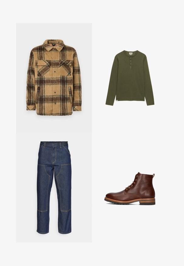 Sean John SCRIPT LOGO OVERSHIRT - Jas - brown/dark brown; Olijfgroen henley-shirt met lange mouwen, vier zwarte knopen en een ronde hals, weergegeven op een witte achtergrond.; Donkerblauwe denim jeans met een hoge taille, rechte pijpen, contrasterende stiksels en opgestikte zakken aan de voorkant.; Bruine leren enkellaars met ronde neus, vetersluiting, contrasterende hak en zolen, en een reliëflogo op de zijkant.