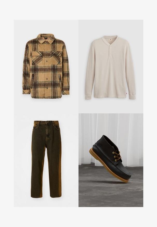 Sean John SCRIPT LOGO OVERSHIRT - Ľahká bunda - brown/dark brown; Pánska dlhá rukávová hennley košeľa z ľahkej béžovej rebrovanej látky, s výstrihom do V, troj.gombíkovou légou a manžetami. Červená logo nášivka na leme.; Tmavohnedé rovné džínsy s predným gombíkom a zipsom, pútka na opasok a predné a zadné vrecká.; Čierne kožené topánky s hladkým povrchom, okrúly špička, hnedé šnúrky a svetlohnedé gumové podrážky. Logo je embosované na boku.
