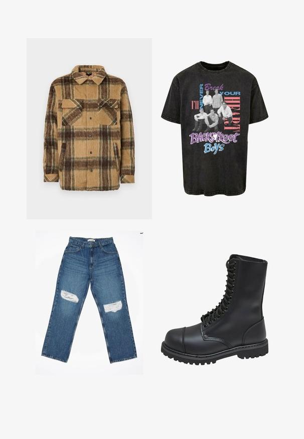 Sean John SCRIPT LOGO OVERSHIRT - Ľahká bunda - brown/dark brown; Čierne bavlnené tričko s grafickým potlačou piatich sediacich postáv a textom „Nikdy ti nezlomím srdce“ a „Backstreet Boys“ v výrazných farbách.; Svetlomodré džíny z denimu so striha rovných nohavíc, ktoré majú dva poškodené kolenné záplaty a štandardný dizajn s piatimi vreckami.; Čierne kožené bojové topánky s vysokým zvrškom, šnurovaním vpredu, polstrovaným golierom a robustnou štruktúrovanou podrážkou pre lepšie gripovanie. Obsahuje zosilnenú špičku.