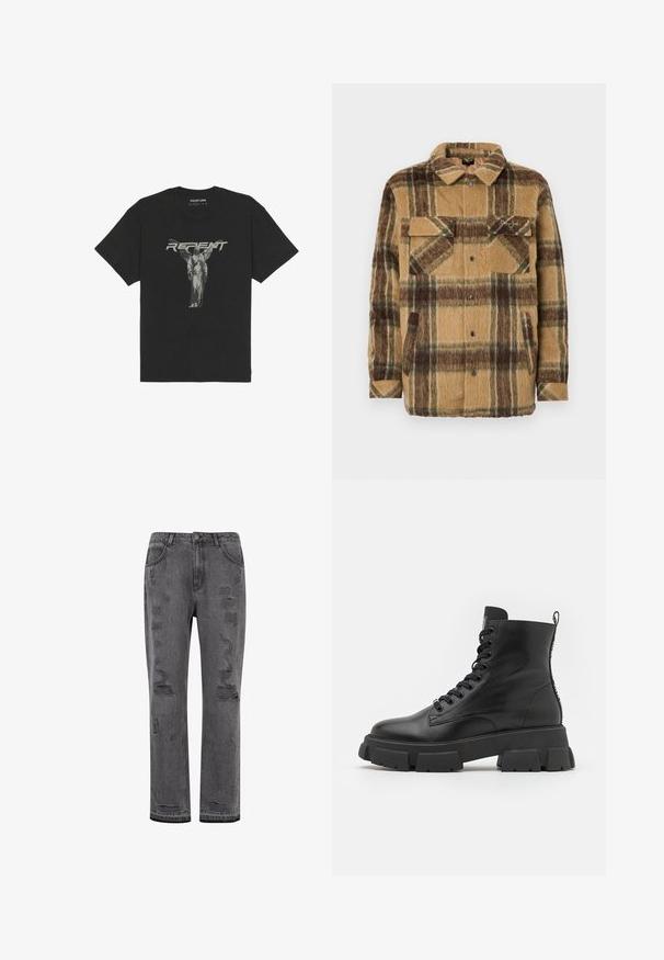 Sean John SCRIPT LOGO OVERSHIRT - Jas - brown/dark brown; Zwarte katoenen t-shirt met korte mouwen, afgewerkt met een frontale afbeelding van een standbeeld en het woord "REPENT" in vetgrijze letters.; Grijze denim rechtvaardige jeans met verweerde details, met zichtbare scheuren en een licht afgeronde zoom, en sluiting met zilverkleurige knopen.; Zwarte leren enkellaarsjes met dikke rubberen zolen, ronde neus en vetersluiting. Voorzien van een treklus en gestructureerde details aan de zijkanten.