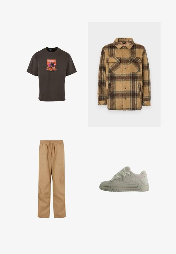 Sean John SCRIPT LOGO OVERSHIRT - Jas - brown/dark brown; Donkerbruin katoenen T-shirt met een grafische print van een auto en het woord "Markt" in levendige kleuren, met een relaxte pasvorm en korte mouwen.; Tan cargobroek met een elastische tailleband, trekkoordsluiting en twee grote zijzakken. De stof lijkt soepel en heeft een relaxed fit.; Laag model grijze sneaker met dikke, gestructureerde veters, gevoerde kraag, gestikte panelen en een geribbeld rubberen zool voor grip.