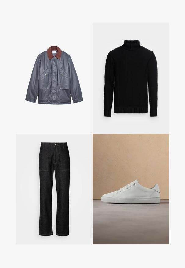 Graue wasserfeste Jacke mit einem braunen Cordkragen, ausgestattet mit zwei Fronttaschen und einer Knopfleiste. Glatte Textur und lässige Passform.; Selected Roll neck - Strickpullover - black; Schwarze Jeans mit geradem Bein, sichtbaren Nähten und einem Frontknopfverschluss. Enthält zwei Seitentaschen und zwei Gesäßtaschen.; Weißer Leder-Sneaker mit niedrigem Schaft und Schnürsenkeln, schwebend über einem strukturierten beigen Teppich, nahe einem runden Couchtisch aus Holz mit Büchern.