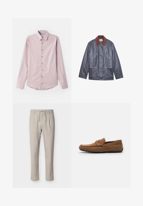 Grijze waterdichte jas met een bruine corduroy kraag, voorzien van twee voorkoffers en een knoopsluiting. Zachte textuur en ontspannen pasvorm.; Lichtroze langslijfshirt van gladde stof. Heeft een button-down kraag en zeven voorknopen met zilverkleurige accenten. Afgeronde zoom.; Lichtbeige rechte broek met riemlussen, knopen aan de voorkant, rits, taille met trekkoord en zijzakken.; Bruine suède instappers met een flexibele zwarte rubberen zool, gestikte details op de bovenkant en een klassiek instapontwerp.