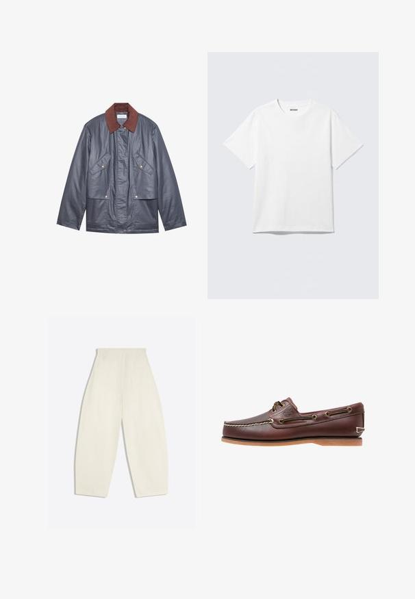 Veste imperméable grise avec un col en velours côtelé marron, dotée de deux poches avant et d'une fermeture à boutons. Texture lisse et coupe décontractée.; T-shirt blanc à manches courtes et col rond, étalé à plat, design uni, avec l'étiquette "WEEKDAY" à l'intérieur du col sur un fond clair.; Pantalon crème taille haute à jambes larges, avec poches arrière et passants de ceinture, présenté à plat sur un fond clair.; Chaussure bateau en cuir marron avec coutures blanches, détails de lacets et semelle en caoutchouc beige, vue de côté sur fond blanc.