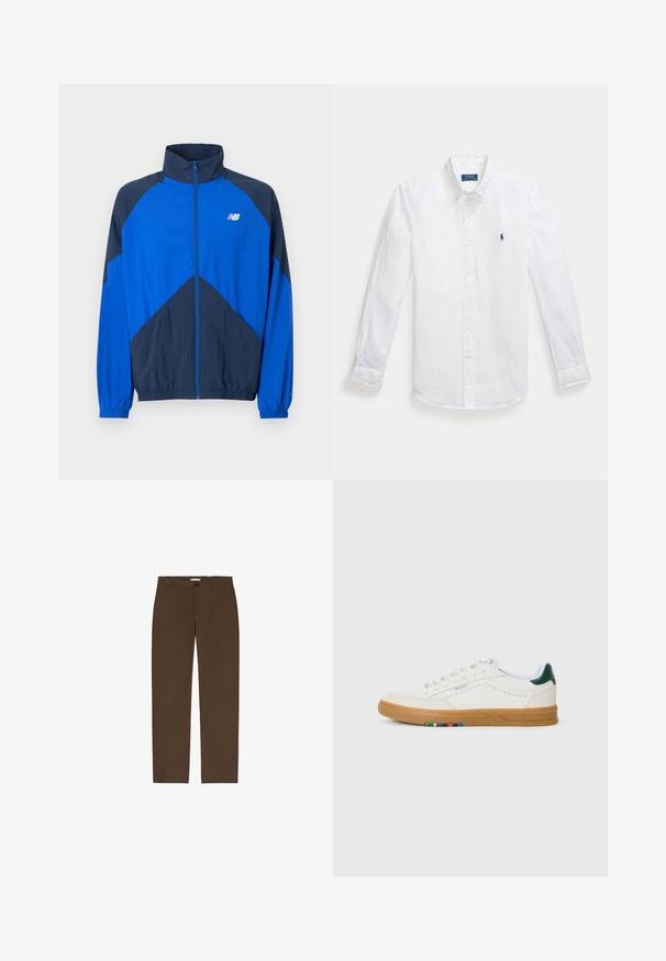 Blå og mørk marineblå atletisk jakke med lynlås, høj krave, elastiske ærmegab og hvid New Balance-logo på venstre bryst.; Hvid linned skjorte med lange ærmer og knaplukning, med en spidse krave og et broderet blåt logo på venstre bryst. Har knapmanchetter.; Brune, lige ben bukser lavet af tekstureret stof. Har en frontknap lukning og bæltestropper. Ingen synlige lommer eller mønstre.; Hvide lædersneakers med perfereret design, gummisul, grøn hælaccent og farverig stribe detalje på siden.