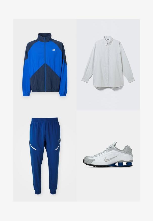 Sinine ja tumesinine tõmblukuga sportlik jakk kõrge krae, elastsete varrukasäärte ja vasakul rinnal valge New Balance'i logoga.; Valge õlapikkade varrukatega nööbitav särk õhukeste mustade vertikaalsete triipudega ja rinnataskuga, esitletud lahtiselt heledal taustal.; Kuningad sinised spordipüksid elastse vöökoha ja mansettidega, valged kumerad peegeldavad triibud reitel ja väike valge logo paremal küljel.; Valge ja hall Nike jooksutoss, millel on hõbedane swoosh, sinised kevadlõksud ja must profiil lihtsal taustal.