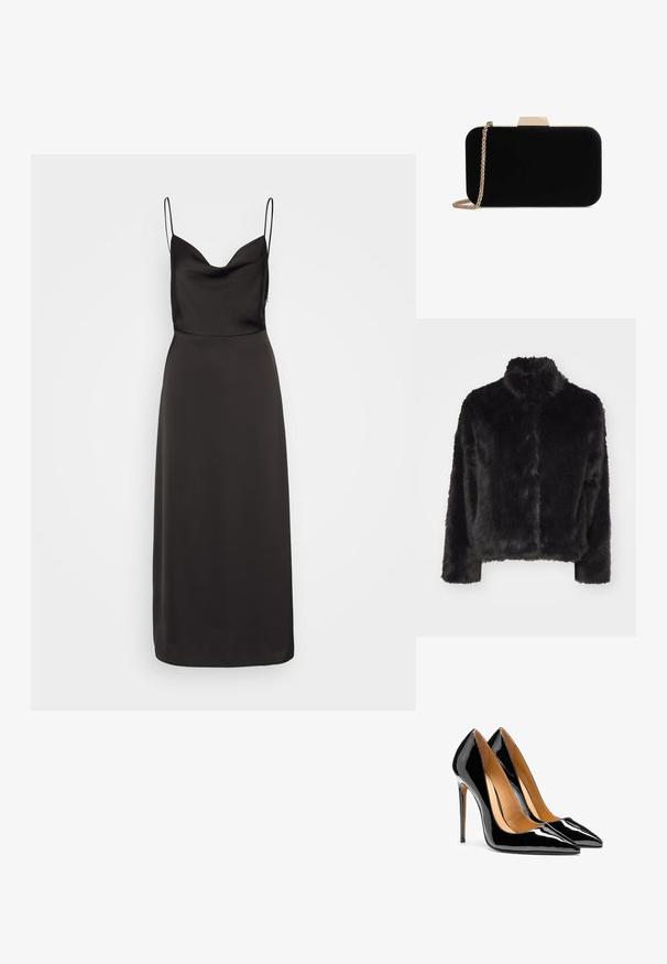 Vero Moda VMMONROE SHORT JACKET - Chaqueta de invierno - black; Vestido de satén negro con un cuerpo ajustado, escote ancho y tirantes finos. La falda fluye hasta los tobillos, con una textura suave.; Par de tacones altos de charol negro brillante con punta afilada, tacones de aguja y forro interior color beige sobre fondo blanco.; Clutch de terciopelo negro con herrajes en tono dorado, de forma rectangular y con correa de cadena, que presenta una textura suave y sin patrones visibles.