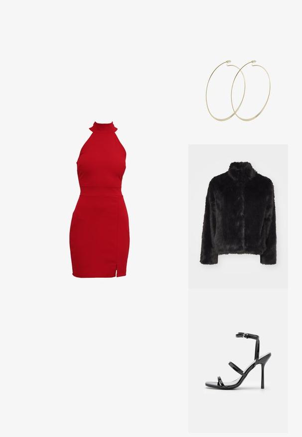Vero Moda VMMONROE SHORT JACKET - Chaqueta de invierno - black; Vestido rojo de cuello halter con una silueta ajustada, que cuenta con un cuello alto y una abertura lateral. Fabricado en un tejido elástico para un ajuste ceñido.; Sandalias de tacón alto de charol negro con tres tiras horizontales y una correa en el tobillo ajustable. Silueta elegante y acabado brillante.; Pilgrim Pendientes - gold-coloured
