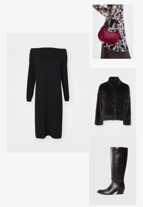 Vero Moda VMMONROE SHORT JACKET - Zimná bunda - black; Čierne pletené šaty bez ramienok s dlhými rukávmi a ribovaným výstrihom. Hladká textúra, strih po kolená, všestranné na rôzne príležitosti.; Kožená čižma po kolená, tmavo hnedá, s špičatou špičkou, ostrým blokovým podpätkom a hladkým, lesklým povrchom. Vyznačuje sa čistým dizajnom a švíkovým detailom.; Žena v čierno-bielom vzorovanom blúzke drží lesklú červenú kabelku cez rameno na jednofarebnom pozadí.