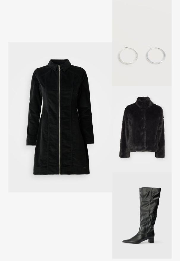 Vero Moda VMMONROE SHORT JACKET - Winterjas - black; Zwarte corduroy jas, met een hoge kraag, lange mouwen en een rits aan de voorkant, met een rechte snit en minimalistisch ontwerp.; Zwarte leren kniehoge laarzen met een spitse neus, slappe schacht en een blokhak. Gladde textuur met minimale zichtbare stiksels.; Zilverkleurige metalen creolen oorbellen met een glad, licht gebogen oppervlak en sluitingen met haaksluiting op een effen witte achtergrond.