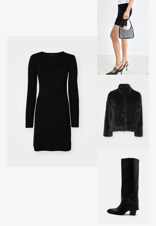 Vero Moda VMMONROE SHORT JACKET - Zimná bunda - black; Čierne dlhé šaty s dlhým rukávom vyrobené z rebrovanej tkaniny. Pozostávajú z priliehajúcej siluety, okrúhleho výstrihu a centrálneho švu.; Vysoká čierna kožená čižma s nakloneným šitím, špicatou špičkou a masívnym stredne vysokým podpätkom na bielom pozadí.; Čierna korálková kabelka s zakriveným siluetom, nosnou rukoväťou a lesklou textúrou. Nosená s vysokými čiernymi topánkami na opätku a priliehavými čiernymi šortkami.