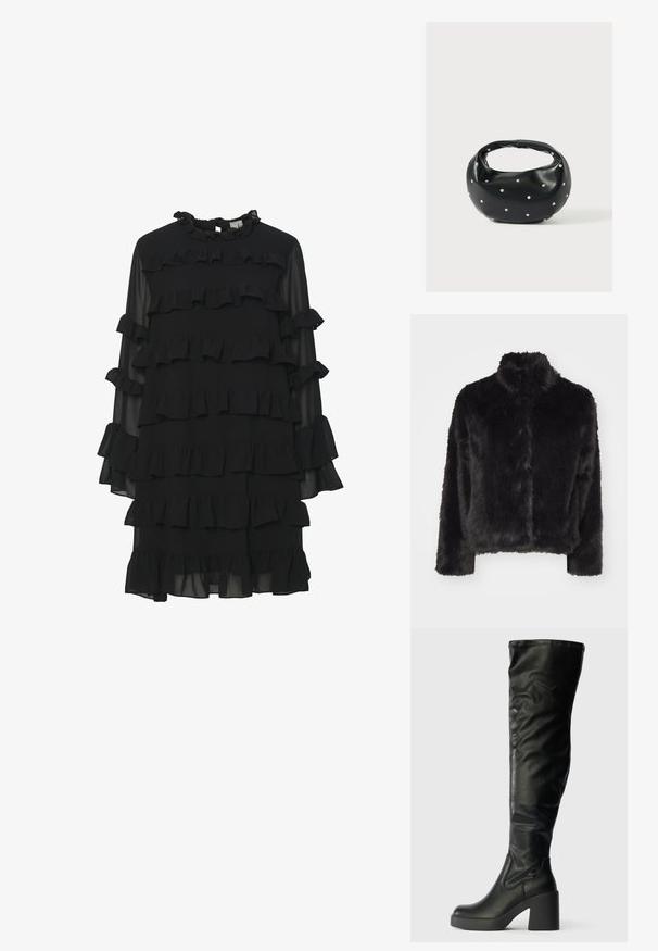 Vero Moda VMMONROE SHORT JACKET - Winterjacke - black; Schwarzes Kleid mit einem Rüschendesign, das lange Ärmel, einen hohen Kragen und mehrere Stufen von Rüschen für Textur und visuelle Details aufweist.; Schwarze Overknee-Stiefel aus Kunstleder mit einem eleganten Design, dicker Plattform und abgerundeter Spitze. Glatte Textur und minimale Nahtdetails.; Schwarze Lederhandtasche mit abgerundeter Form, verziert mit silbernen Nietenakzenten und kurzem Griff. Glatte Struktur und Reißverschlussverschluss.
