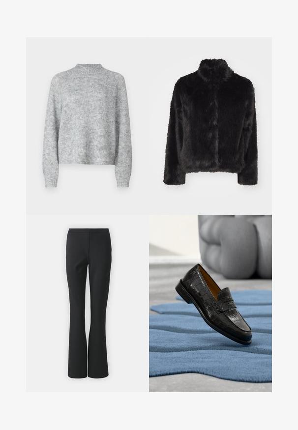 Vero Moda VMMONROE SHORT JACKET - Winterjas - black; Lichtgrijze trui met hoge nek, lange mouwen en een losse pasvorm. Gemaakt van een textuur gebreide stof met subtiele kleurvariaties.; Zwarte uitlopende broek van soepel materiaal; heeft een vlakke voorkant zonder zakken en een getailleerde pasvorm die naar de zoom toe smaller wordt.; Zwarte leren loafer met krokodillenstructuur die boven een blauw, abstract gevormd tapijt zweeft op een lichtgrijze vloer.