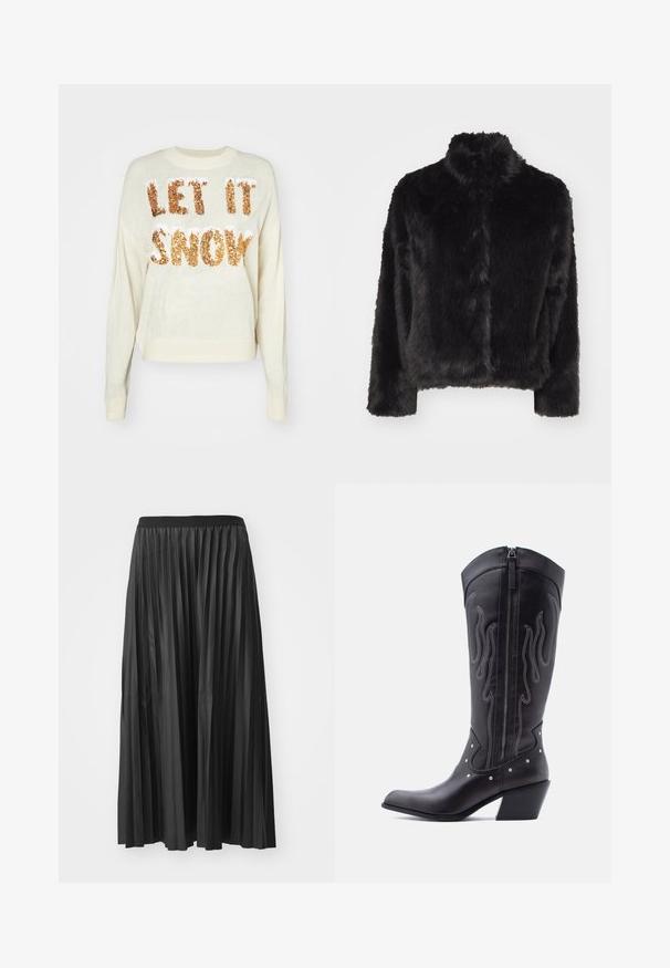 Vero Moda VMMONROE SHORT JACKET - Zimná bunda - black; Krémový sveter s nápisom "NECH TO SNEŽÍ" v trblietavých zlatých flitroch, s okrúhlym výstrihom a rebrovanými manžetami a lemom.; Čierna plisovaná maxi sukňa s hladkou štruktúrou a elastickým pásom, s vertikálnymi sklady, ktoré vytvárajú objem a pohyb.; Čierne kožené kovbojské čižmy so špicatou špičkou, viditeľným prešívaním, striebornými ozdobnými nitmi a zipsom na vnútornej strane.
