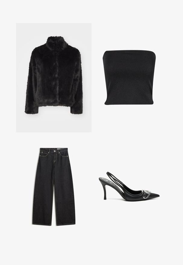 Vero Moda VMMONROE SHORT JACKET - Winterjas - black; Zwarte strapless top gemaakt van een gladde, glanzende stof. Heeft een strakke pasvorm zonder naden, wat zorgt voor een slanke silhouette.; Zwarte wijde spijkerbroek met een hoge taille, vijf zakken, contrasterende stiksels en een knoopsluiting. Gladde textuur met een klassieke snit.; Zwarte slingback hoge hakken met een spitse neus, voorzien van een glanzend zilveren gespsluiting en een slanke hak. Gladde leren textuur, minimalistisch ontwerp.