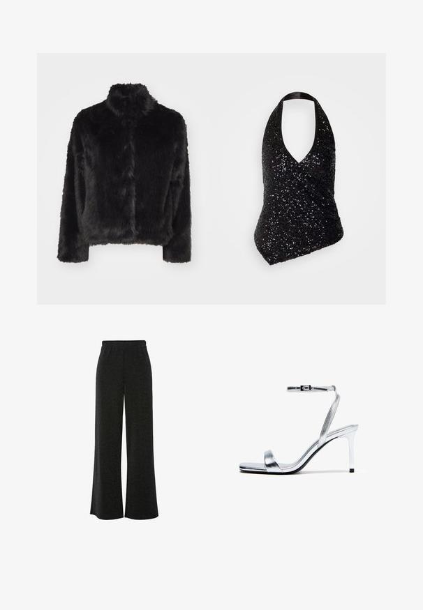 Vero Moda VMMONROE SHORT JACKET - Veste d'hiver - black; Haut halter noir avec un décolleté en V profond, présentant un design ajusté recouvert de sequins noirs, créant une surface texturée et scintillante.; Pantalons noirs à jambes larges avec une taille élastique ; confectionnés dans un matériau texturé et léger qui réfléchit subtilement la lumière.; Sandale argentée métallique à talon haut avec bride à la cheville et boucle, bout ouvert, et talon fin sur fond blanc.