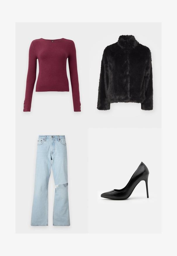 Vero Moda VMMONROE SHORT JACKET - Vinterjakker - black; Burgundy langærmet ribstrikket sweater med rund halsudskæring og knapdetaljer på ærmerne. Fremstillet af et tekstureret strikmateriale.; Lysblå denimjeans med flared design, der har et slidtegning på knæet og standard frontlommer.; Sorte læder højhælede pumper med spids tå og glat overflade. Har en slank stilethæl og et lavt udskæringsdesign.