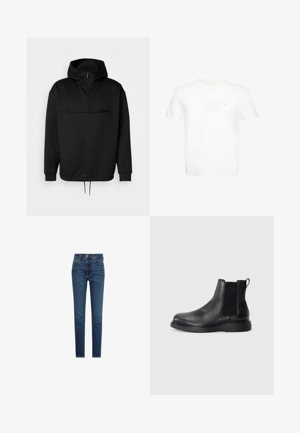Sort pullover hoodie med en kvart lynlås, ribbede manchetter og en justerbar kant. Har et struktureret logo på brystet. Glat stofstruktur.; Hvid T-shirt med korte ærmer og rund hals med lille broderet "ck" logo på venstre bryst.; Mørkeblå slim fit jeans med forrest knap- og lynlåsmed lukning, fem lommer og synlige syninger på hvid baggrund.; Sorte læder chelsea støvler med tekstureret finish, elastiske sidepaneler og en robust gummisål. Subtil branding på hælen.