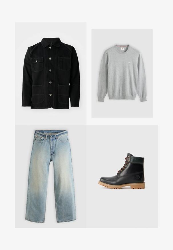 Veste en coton noir avec un col classique, cinq boutons-pression à l'avant, deux grandes poches plaquées, des coutures contrastées et des manches longues.; Pull gris clair à col rond, manches longues, poignets et ourlet côtelés, avec un petit logo sur le côté gauche de la poitrine.; Jean denim bleu clair à jambes larges avec une finition délavée. Comprend un design standard à cinq poches et une fermeture à bouton métallique.; Botte de cheville noire en cuir avec des lacets marron, col rembourré vert et semelle en caoutchouc beige avec des rainures profondes, vue de côté sur fond blanc.