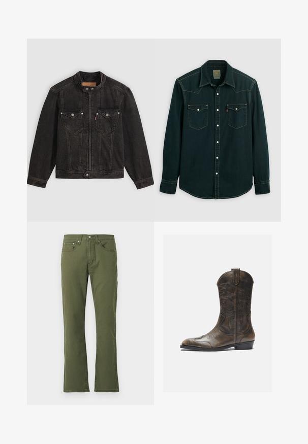 Veste en denim noire avec col montant, fermeture éclair à l'avant et boutons-pression, deux poches poitrine à rabat, et manches longues sur fond uni.; Chemise boutonnée vert foncé en denim, dotée de deux poches poitrine avec des boutons-pression, de surpiqûres jaunes contrastantes et d'un col classique.; Jean évasé vert olive en coton avec une texture lisse ; comporte cinq poches, une fermeture à bouton et des détails de couture subtils.; Botte de cow-boy en cuir marron avec un long tige, un bout pointu, des motifs de couture complexes et un petit talon. Finition texturée tout au long.