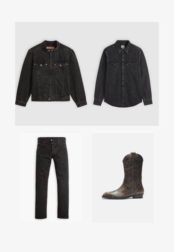Sort denimjakke med høj krave, frontlynlås og trykknapper, to brystlommer med klapper og lange ærmer på en ensfarvet baggrund.; Sort langærmet denimskjorte med spids krave, knaplukning foran og to knappede brystlommer på ensfarvet lys baggrund.; Sorte slim-fit jeans med knapåbning, fem lommer og kobbernitter liggende fladt på en hvid baggrund.; Brune læder cowboystøvle med en høj skaft, spids tå, intrikate syning mønstre og en lille hæl. Struktureret finish hele vejen igennem.