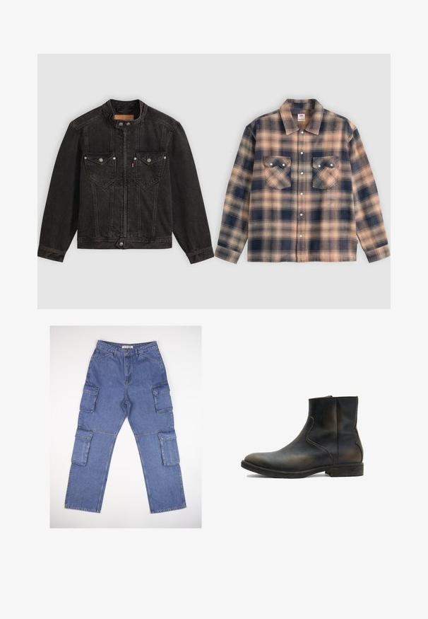 Chaqueta vaquera negra con cuello alto, cremallera frontal y botones de presión, dos bolsillos en el pecho con solapa y mangas largas sobre un fondo liso.; Chaqueta camisa de manga larga a cuadros en beige y azul oscuro con dos bolsillos frontales con solapa y botones a presión blancos en el centro.; Pantalones cargo de mezclilla azul con múltiples bolsillos laterales, un diseño de pierna recta y una cinturilla clásica. La tela tiene una ligera textura y desvanecimiento.; AllSaints LANG - Botines - brown