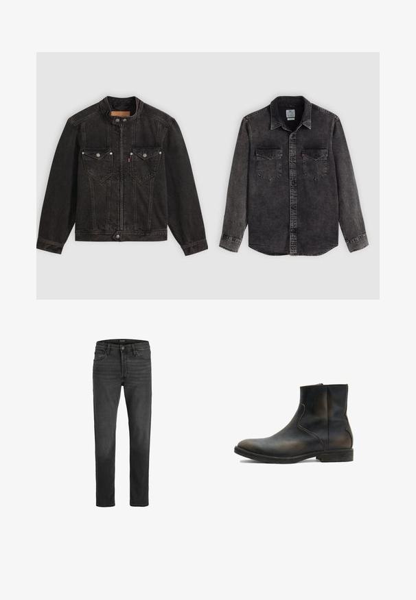 Veste en denim noire avec col montant, fermeture éclair à l'avant et boutons-pression, deux poches poitrine à rabat, et manches longues sur fond uni.; Chemise en denim noir avec une fermeture boutonnée, deux poches poitrine et un col. Présente une texture délavée et des coutures contrastantes.; Jean en denim noir avec une coupe droite, design à cinq poches et fermeture éclair. Présente un léger délavage et des coutures contrastées.; AllSaints LANG - Bottines - brown