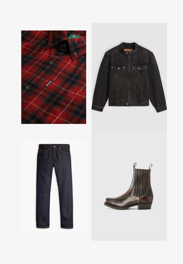 Veste en denim noire avec col montant, fermeture éclair à l'avant et boutons-pression, deux poches poitrine à rabat, et manches longues sur fond uni.; Chemise à carreaux rouge et noire avec boutons marron et une étiquette "Superdry" près de la poche poitrine et du col.; Jeans en denim bleu foncé avec une coupe droite, un design à cinq poches, des rivets en cuivre, des coutures jaunes et un tissu texturé distinct.; Bottine en cuir marron avec une finition lisse, des panneaux élastiques sur les côtés, un bout rond, des coutures décoratives et un petit talon carré.