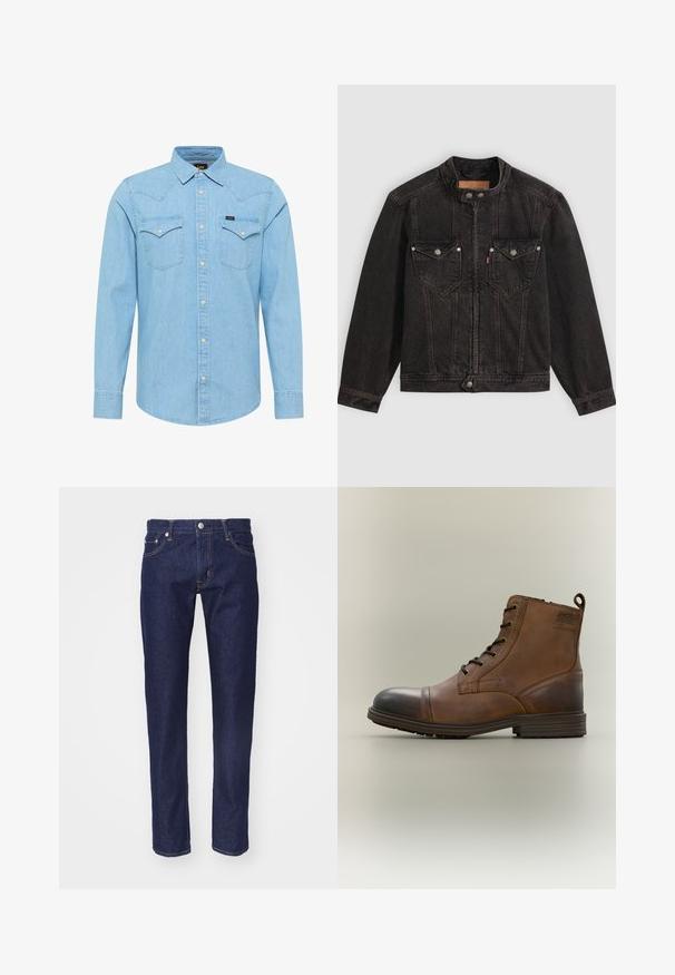 Sort denimjakke med høj krave, frontlynlås og trykknapper, to brystlommer med klapper og lange ærmer på en ensfarvet baggrund.; Lyseblå denimskjorte med lange ærmer, knaplukning, to brystlommer med knapper, spids krave og lille Lee-logo på venstre lomme.; Mørkeblå denim jeans med lige pasform, fem-lomme design, kontrasterende orange syninger og en sølvknaplukning i taljen.; Brun læderstøvle med snørebånd, sort tåhætte, rund sål og mærket detalje på siden mod ensfarvet baggrund.