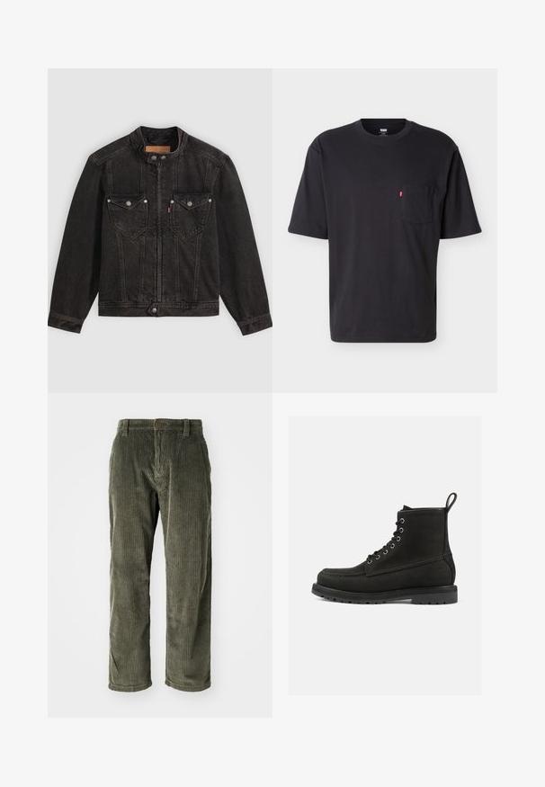 Sort denimjakke med høj krave, frontlynlås og trykknapper, to brystlommer med klapper og lange ærmer på en ensfarvet baggrund.; Sort T-shirt med korte ærmer, rund hals og brystlomme med lille rød Levi's logo på lommen mod ensartet lyst baggrund.; Olivengrønne fløjlsbukser med lodrette ribber, der har knaplukning og lige ben. Blød tekstur med en klassisk pasform.; Sorte læder ankelstøvler med rund tå, snørebånd, metaløjer og en struktureret gummisål. Har en dekorativ træksløjfe.