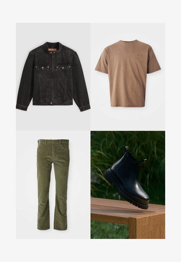 Zwarte spijkerjas met hoge kraag, voorrits en drukknopen, twee borstflappenzakken en lange mouwen op een effen achtergrond.; Bruine katoenen t-shirt met ronde hals, korte mouwen en een discreet geborduurd logo op de linkerborst. Soepele structuur, relaxte pasvorm.; Olijfgroene corduroy broek met voorzakken, riemlussen, knoopsluiting en een lichte flare bij de beenopeningen.; Zwarte leren chelsea boot met een ronde neus, dikke rubberen zool en zij-elastische panelen, gepresenteerd op een houten oppervlak met groen in de achtergrond.
