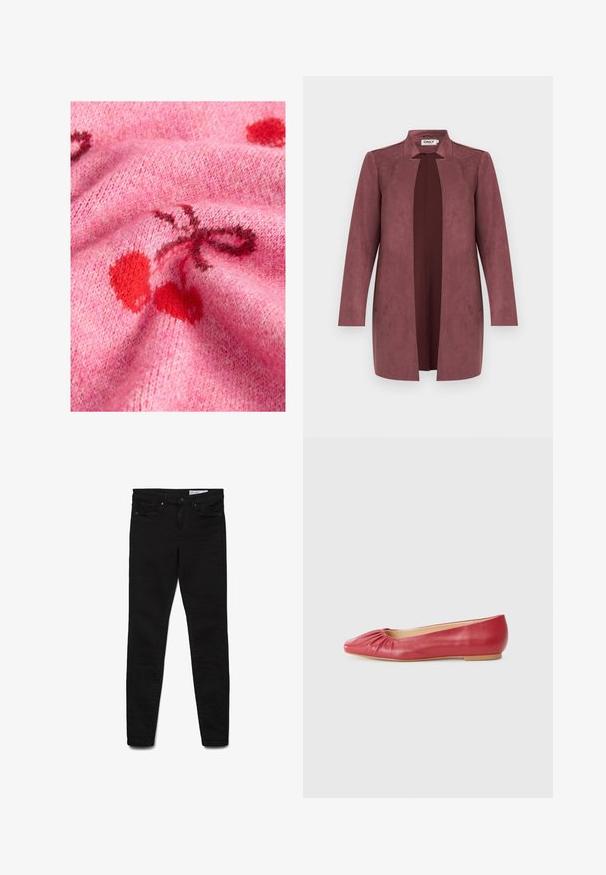 Manteau long mauve ouvert à l'avant avec col, manches longues et texture lisse, présenté sur un fond clair neutre.; Tissu de pull en tricot rose avec une texture lisse, présentant des motifs de cerises rouges et des accents plus foncés. L'arrière-plan met en valeur un aspect doux et duveteux.; Jean skinny noir en tissu denim, présentant un design classique à cinq poches, une braguette zippée et des détails de couture subtils.; Ballerines en cuir rouge avec un bout arrondi et un détail froncé à l'avant. Semelle plate et texture lisse. Conçues pour un usage décontracté.