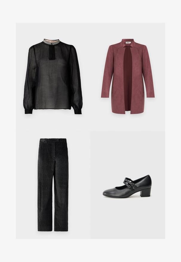 Pitkä laventelin sävyinen avoin takki, jossa on kaulus, pitkät hihat ja sileä pinta, esillä neutraalilla vaalealla taustalla.; Musta, läpinäkyvä pitkähihaisa blouse, jossa on poimutettu muotoilu, korkea kaulus, joka on koristeltu helmiäisillä, ja elastiset hihansuut.; Mustat, teksturoidut leveät housut, joissa on voimakas kudonta, etupleatit ja litteä vyötärö. Klassinen muotoilu monipuolisuutta varten.; Musta nahkainen Mary Jane -kenkä, jossa on kaksi säädettävää hihnaa, pyöreä kärki ja matala neliönmuotoinen korko. Tasainen pinta ja yksinkertainen muotoilu.