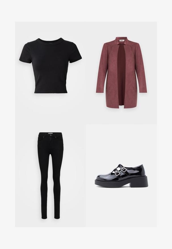 Langer, mauvefarbener Mantel mit offenem Vorderteil, Kragen, langen Ärmeln und glatter Textur, dargestellt auf einem neutralen hellen Hintergrund.; Schwarzes, cropped T-Shirt aus festem Baumwollstoff, mit kurzen Ärmeln und rundem Halsauschnitt, das ein glattes und einfaches Design aufweist.; Schwarze Skinny-Jeans aus Denim mit mittelhohem Taillenbund, fünf Taschen und glatter Textur. Verfügt über einen Knopf- und Reißverschluss vorne.; Schwarze Plateau-Schuhe aus Lackleder mit breitem Absatz, Ausschnitt-Design und zwei silbernen Schnallenakzenten über dem Spann. Flache Gummisohle.