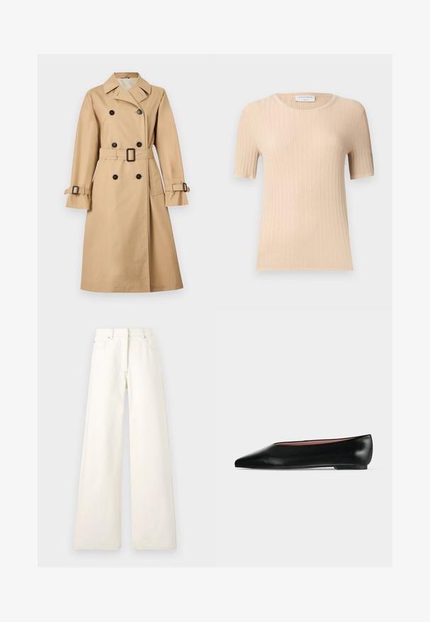 Beige double-breasted trenchcoat met brede kraag, zwarte knopen, ceintuur in de taille en gespsluitingen op de mouwen.; Beige geribd kortärmelig gebreide top met ronde hals, slim fit en zichtbaar "Tiger of Sweden" label binnen in de kraag.; Wijdbenige, crèmekleurige broek van denim met zichtbare stiksels en zakken. Het ontwerp heeft een hoge taille en een recht gesneden silhouet.; Zwarte leren damesschoen met platte zool, puntige neus en lage hak, zijwaarts afgebeeld tegen een effen lichtgrijze achtergrond.