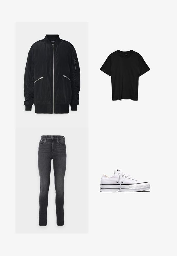 ONLY Bomber ONLNOELLE Bomber - Blouson Bomber - black; T-shirt noir à manches courtes et col rond, design uni, présenté à plat sur un fond blanc.; Jean skinny taille haute en denim gris foncé, texture lisse, avec poches avant et bouton en métal à la taille.; Baskets basses en toile blanche avec lacets blancs, bandes noires sur la semelle et embout en caoutchouc texturé, vue de côté sur fond blanc.