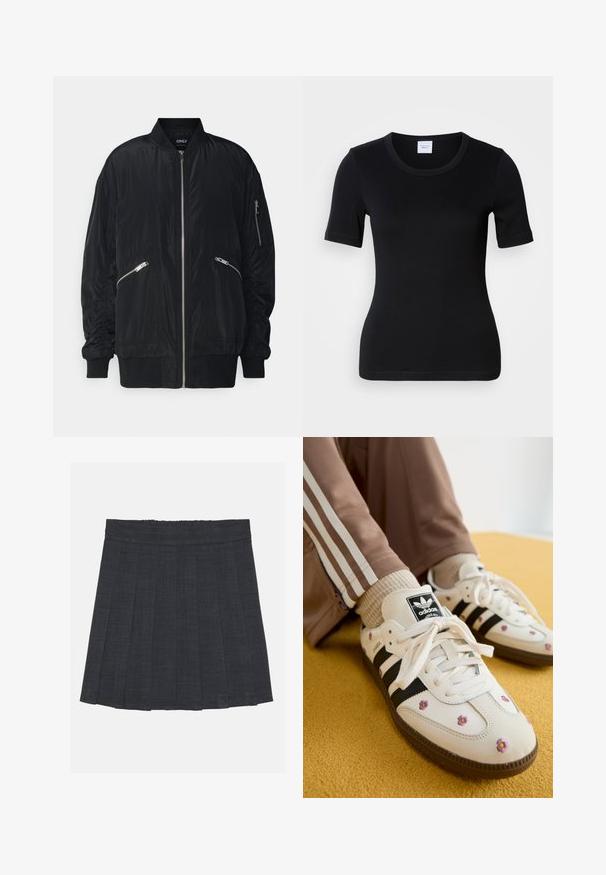 ONLY Bomber ONLNOELLE Bomber - Blouson Bomber - black; T-shirt noir à manches courtes en coton doux. Il présente un col rond et une coupe ajustée avec des détails de couture minimalistes.; Jupe plissée gris foncé avec une taille élastique, dotée d'un tissu texturé et d'une silhouette A-line classique. Convient pour une tenue décontractée.; Baskets en cuir blanc avec trois rayures noires et broderie florale en violet et jaune. Semelle en caoutchouc marron. Assorties à des chaussettes côtelées beiges.