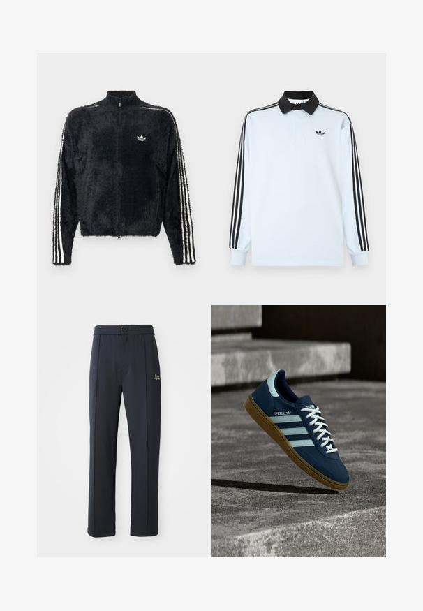 Schwarze, flauschige Jacke mit hohem Kragen, durchgehendem Reißverschluss und weißen drei Streifen Akzenten an den Ärmeln. Besitzt ein kleines Logo auf der Brust.; Hellblaues langärmeliges Polohemd mit schwarzem Kragen, drei schwarzen Streifen an den Ärmeln und einem kleinen schwarzen Logo auf der Brust.; Schwarze gerade geschnittene Hose mit elastischem Bund, Knopfverschluss, Nahtdetails und kleinem weißen Logo "the new originals" am linken Oberschenkel.; Blauer Adidas Spezial Sneaker mit weißen Streifen und Schnürsenkeln, Gummisohle, schwebend über rauer Betonoberfläche und Treppen im Hintergrund.