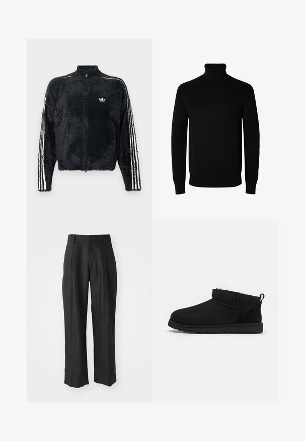 Sort, fuzzy jakke med høj krave, fuld lynlås og hvide tre-stribe accenter på ærmerne. Har et lille logo på brystet.; Sort langærmet rullekrave sweater med rib manchetter og kant, vist på en ensartet hvid baggrund.; Sorte linnedragter med lige ben, der har særlige folder foran og en glat tekstureret finish.; Sorte ruskind ankelstøvler med en blød, tekstureret foring, lavprofilgummi sål og en løkke bagpå for nem påtagning.