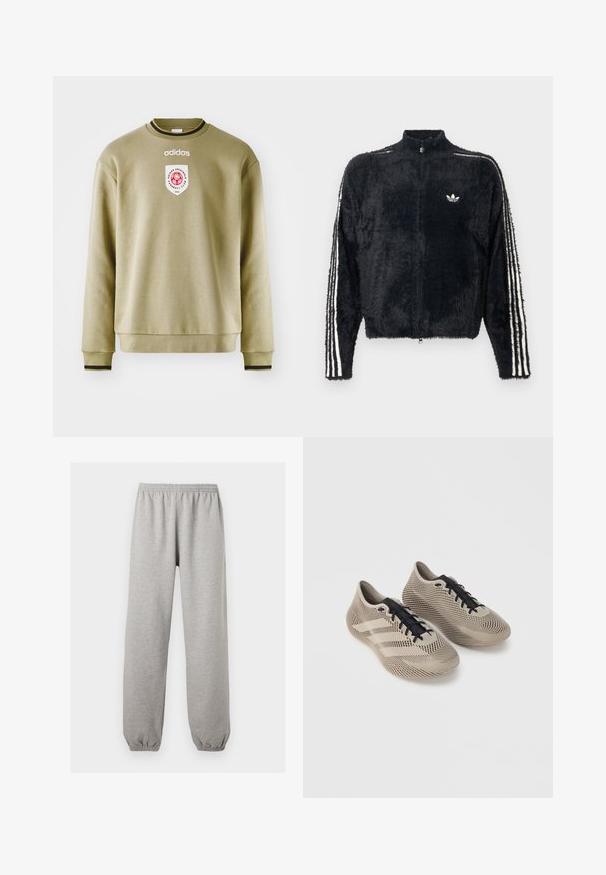 Sort, fuzzy jakke med høj krave, fuld lynlås og hvide tre-stribe accenter på ærmerne. Har et lille logo på brystet.; Olivengrøn sweatshirt med rund hals, ribstrikkede manchetter og kant. Har et broderet logo og et mærke med røde accenter. Glat tekstur.; Lysegrå joggingbukser med elastik i taljen og ved anklerne, lige ben, lavet af blødt stof.; Par beige sportssko med sorte snørebånd, med et tekstureret, stribet mønster og tre side striber på en ensfarvet baggrund.