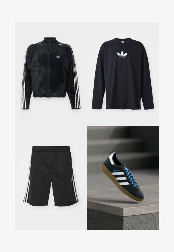 Zwarte, fuzzy jas met hoge kraag, volledig ritssluiting en witte drie-strepen accenten op de mouwen. Bevat een klein logo op de borst.; Zwarte langemouwen trui van meshstof, met V-hals en wit Adidas trefoil logo op de borst. Zijsplitten aan de onderkant.; Zwarte sportieve shorts met een elastische tailleband, voorzien van witte zijstrepen en een gladde stofstructuur. Geen extra versieringen.; Zwarte Adidas-sneaker met witte strepen, blauwe veters en een gumzool die boven een grijze betonnen trede zweeft in zacht licht.