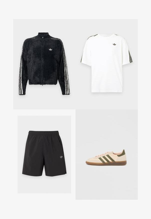 Veste noire en peluche avec un col haut, fermeture éclair intégrale et accents blancs à trois rayures sur les manches. Présente un petit logo sur la poitrine.; T-shirt en coton blanc à manches courtes, avec des accents noirs à trois rayures sur les épaules et un petit logo noir sur la poitrine.; Short de sport noir à taille élastique avec poches latérales et petit logo Adidas sur la jambe gauche.; Baskets beige discrètes Adidas Spezial avec des bandes vertes, une semelle en caoutchouc et le logo "SPEZIAL" sur le côté, vues de l'extérieur.