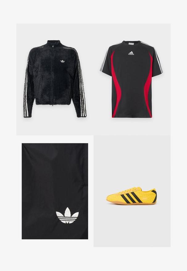 Musthave, karvane jope kõrge kraega, täieliku lukuga ja valgete kolme triibu aktsentidega varrukatel. Sisel oma väikese logoga rinnal.; Must lühikeste varrukatega T-särk, millel on punased küljesegmendid, valge Adidas logo rinnal ning valged triibud õlgadel. Valmistatud siledast kangast.; Must riie musta Adidas trefoil-logo valge tikandiga alumise parempoolse nurga lähedal.; Kollane sportlik jalanõu tekstuurse pealiskihiga, millel on mustad triibud ja logo. Ümar nina, pehme tallaosa ning materjalil siksakmuster.