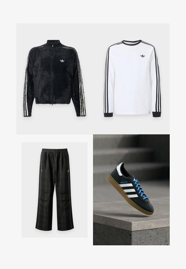 Zwarte, fuzzy jas met hoge kraag, volledig ritssluiting en witte drie-strepen accenten op de mouwen. Bevat een klein logo op de borst.; Wit Adidas shirt met lange mouwen, zwarte ronde hals, zwarte boordjes, drie zwarte strepen langs de mouwen en een zwart trefoil-logo op de borst.; Zwarte geruite broek met een elastische tailleband, twee voorzakken en een losse pasvorm met een rechte pijpdesign. Gemaakt van lichtgewicht materiaal.; Zwarte Adidas-sneaker met witte strepen, blauwe veters en een gumzool die boven een grijze betonnen trede zweeft in zacht licht.