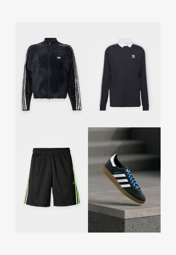 Veste noire en peluche avec un col haut, fermeture éclair intégrale et accents blancs à trois rayures sur les manches. Présente un petit logo sur la poitrine.; Polo-shirt noir à manches longues avec col blanc et trois rayures blanches le long des manches ; comporte un logo Adidas brodé sur la poitrine.; Shorts de sport noirs avec une taille élastique, présentant deux bandes verticales vert fluo de chaque côté et un petit logo sur le devant à gauche.; Baskets Adidas noires avec des rayures blanches, des lacets bleus et une semelle en gomme flottant au-dessus d'une marche en béton grise sous une lumière douce.