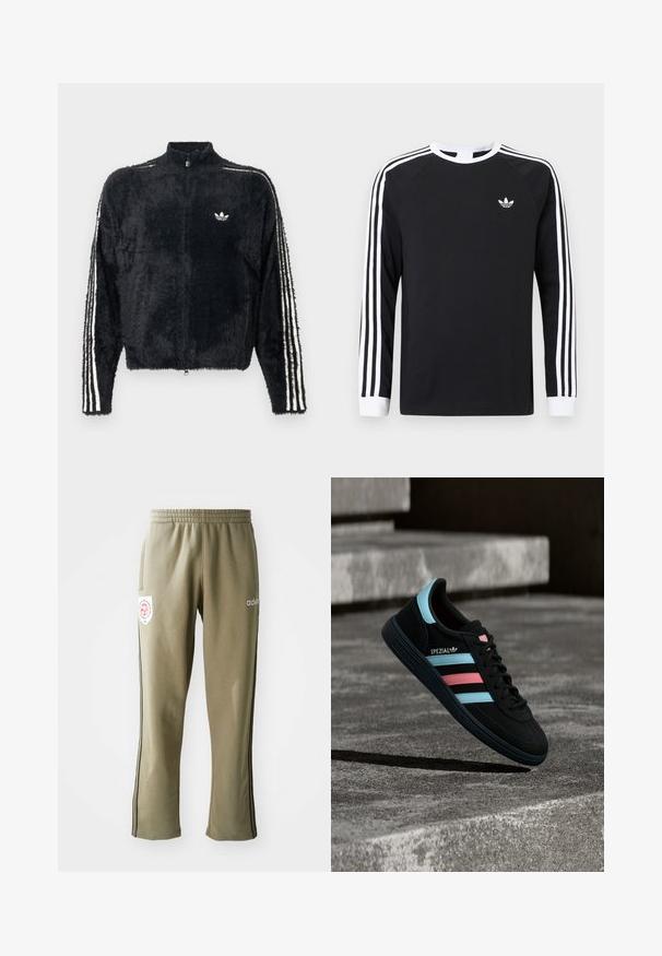 Musthave, karvane jope kõrge kraega, täieliku lukuga ja valgete kolme triibu aktsentidega varrukatel. Sisel oma väikese logoga rinnal.; Must pika varrukaga T-särk, millel on valged kolme triibu mustrilised varrukad. Omab ümara kaelusega lõiget ja väikest valget logot rinnal.; Oliivrohelised treeningpüksid elastse vöökoht käega, küljetaskud, mustad küljeribad ja logo asi reiel.; Must Adidas Spezial toss siniste ja roosade triipudega, hõljumas tekstuurse halli betoonpinna kohal, all varjuga.