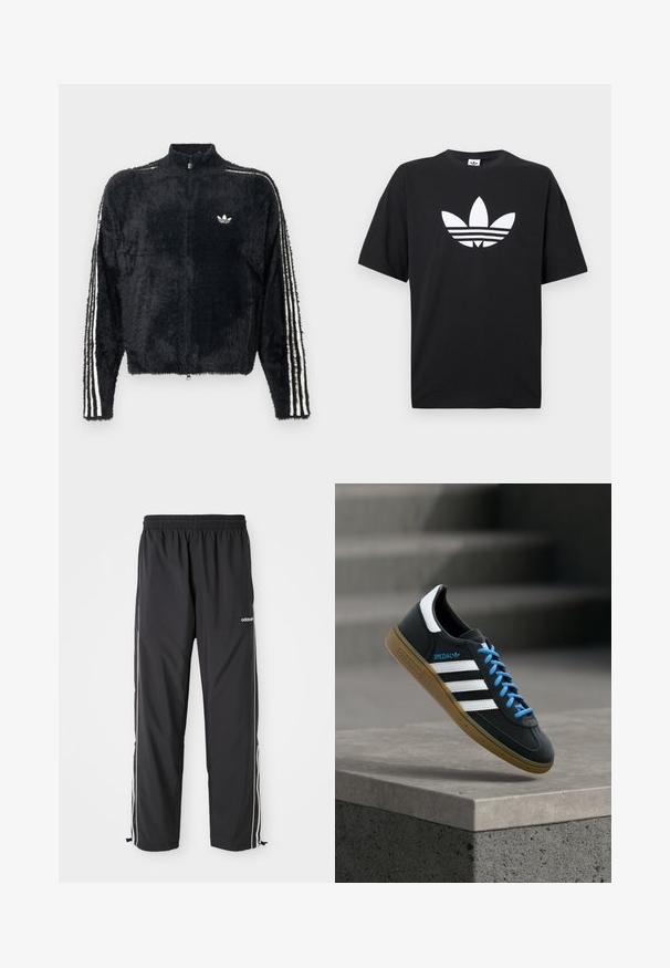 Schwarze, flauschige Jacke mit hohem Kragen, durchgehendem Reißverschluss und weißen drei Streifen Akzenten an den Ärmeln. Besitzt ein kleines Logo auf der Brust.; Schwarzes Baumwoll-T-Shirt mit kurzen Ärmeln, das ein großes weißes Adidas-Logo und drei horizontale Streifen am Saum zeigt. Klassisches Rundhalsdesign.; Schwarze Sporthose aus leichtem Material, mit weißen Seitenstreifen, einem elastischen Bund und verstellbaren Knöchelbündchen.; Schwarzer Adidas-Sneaker mit weißen Streifen, blauen Schnürsenkeln und Gummisohle, der über einer grauen Betontreppe im weichen Licht schwebt.