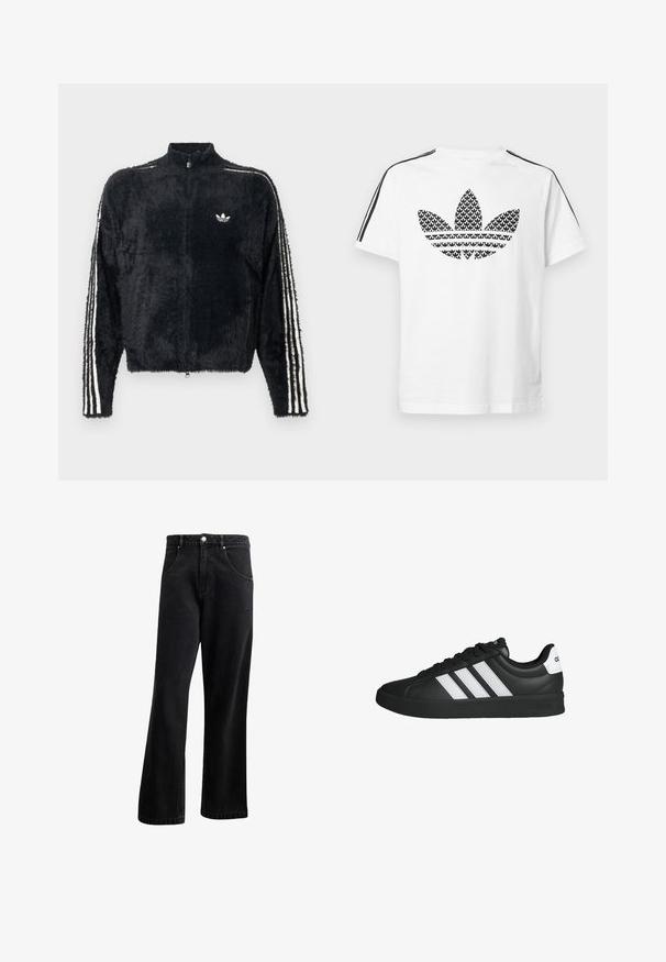 Sort, fuzzy jakke med høj krave, fuld lynlås og hvide tre-stribe accenter på ærmerne. Har et lille logo på brystet.; Hvid bomuld t-shirt med sort grafisk trefoil-logo på fronten og sorte striber langs skuldrene som accent.; Sorte denim jeans med straight-leg design, der har frontlommer, en knaplukning og en let tekstur. Inkluderer en diskret logo detalje.; Sort Adidas-sneaker med hvide striber, sort sål, snørredesign og hvid hælflig med Adidas-logo, vist i sideprofil.